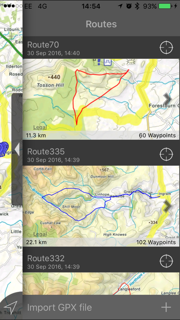 Northumberland Maps Offline - A list of saved hiking routes in the Northumberland Maps Offline app showing distances and topographical maps
