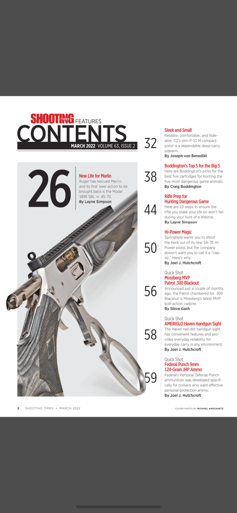 Shooting Times Magazine - Table of contents page from Shooting Times Magazine featuring a lever-action rifle and article listings.