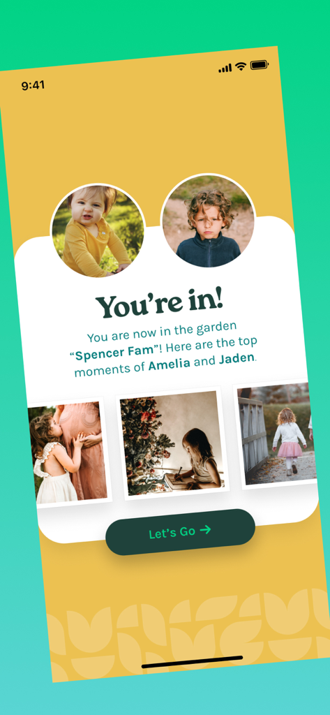 Ecrã de boas-vindas para a aplicação Moment Garden mostrando um álbum de bebé privado para a família Spencer com fotos de crianças.