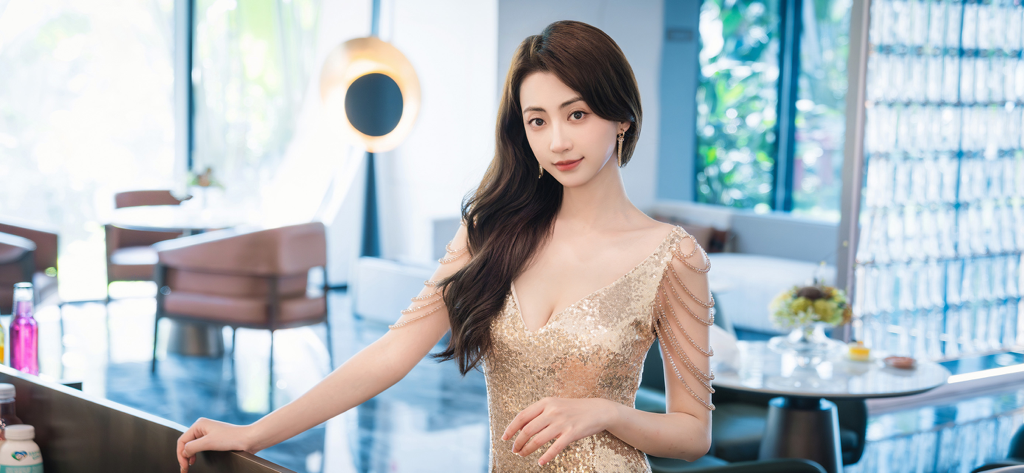 Una hermosa protagonista femenina con un vestido brillante de lentejuelas doradas en una escena cinematográfica del juego.