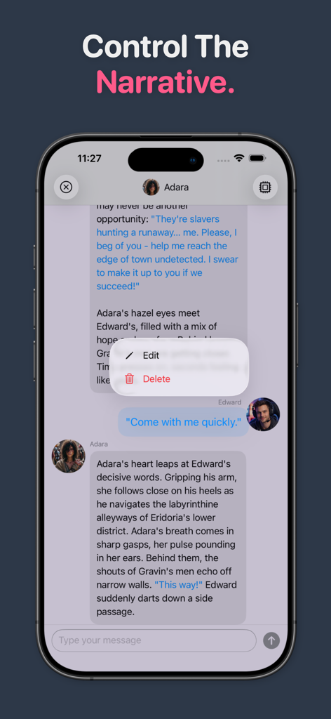 Screenshot of Persona Chat showing a message bubble with a popup menu containing edit and delete options for controlling the AI narrative.
