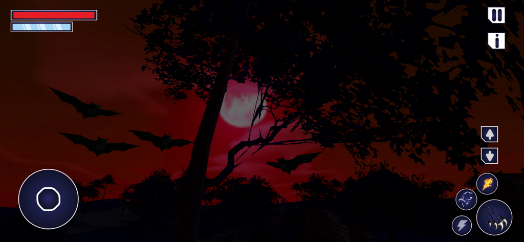 Un gruppo di pipistrelli vampiro che volano attraverso una foresta buia sotto una luna piena rossa in un gioco di simulazione.