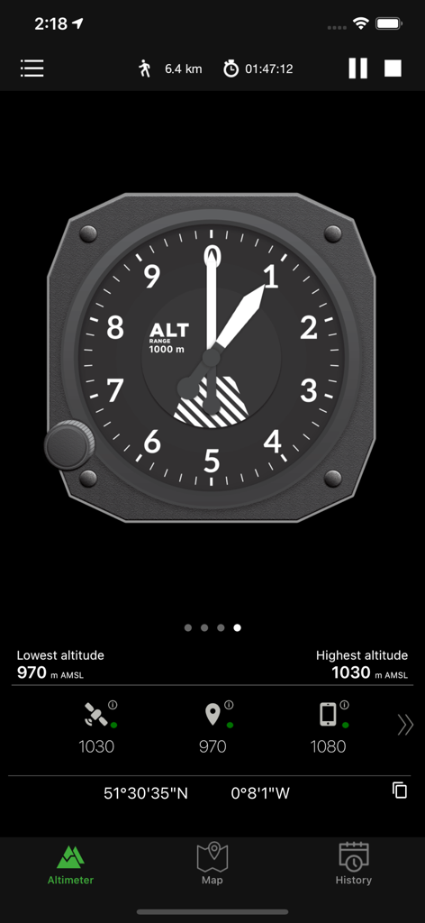 GPS Altimeter - Altitude & Map - Analog aircraft style altimeter display on a mobile app with altitude and GPS coordinates