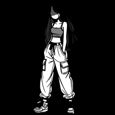 girl in baggy pants crop top and long hair