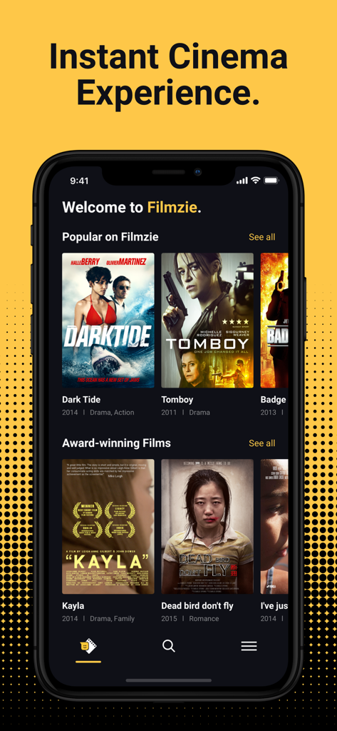 A interface do aplicativo Filmzie exibindo uma variedade de filmes independentes e premiados.