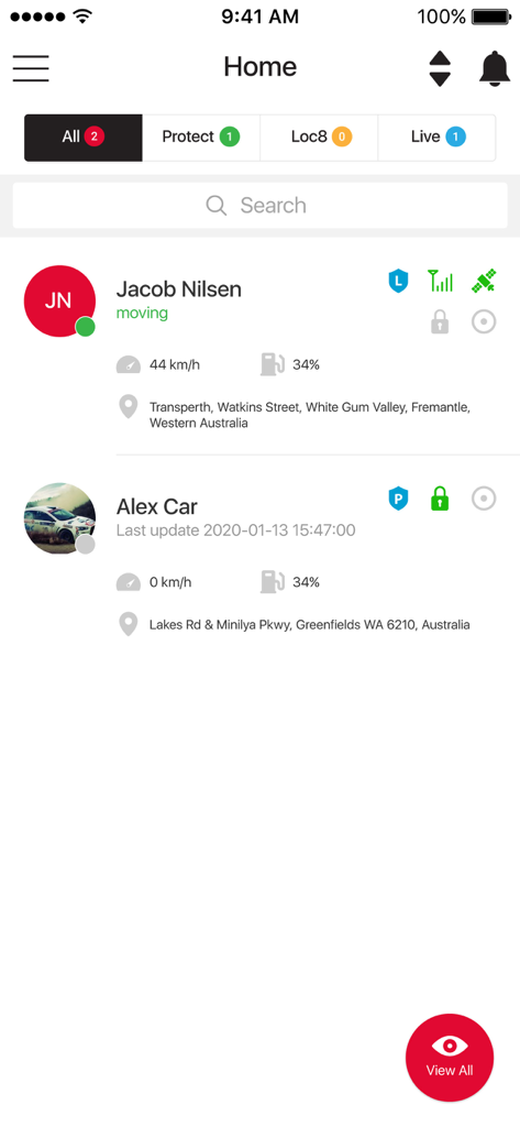 AIS Live mobile app dashboard displaying real-time GPS tracking for multiple assets with speed and location details.