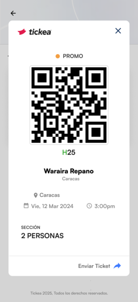 Tickea - Billet numérique dans l'application Tickea présentant un code QR pour un événement à Caracas avec les détails de l'événement et une option de partage