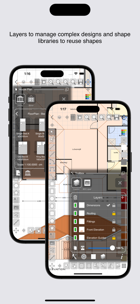 iDesign Mobile App-Oberfläche zeigt Grundrissdesign mit Ebenen-Panel und Formenbibliothek