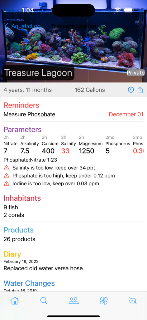 AquaticLog - Panel de control de AquaticLog que muestra parámetros del agua y recordatorios para un tanque de arrecife