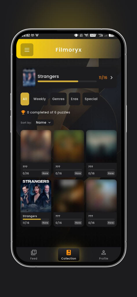Flickory - Mobile app screen showing a movie poster puzzle collection with progress bars and rare tags.