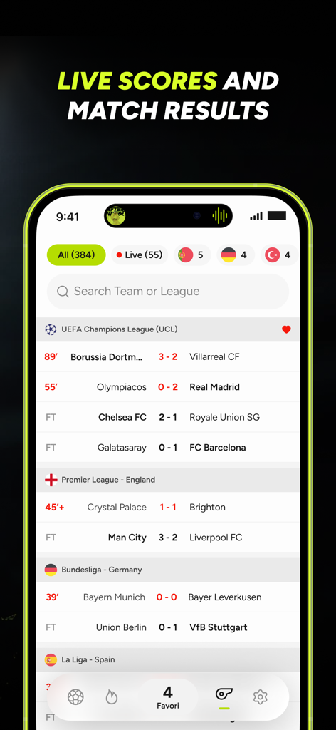 Soccer AI: Match Score Picks - Smartphone screen displaying live soccer scores and match results for global leagues including Champions League and Premier League