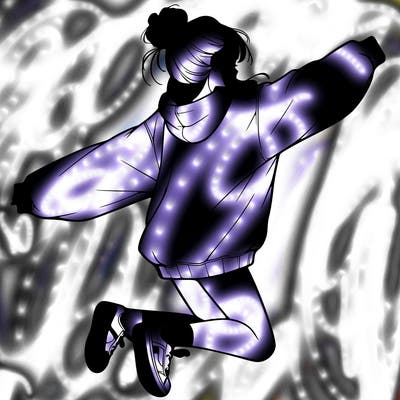 realistic girl jumping with a bun and oversized sweatshirt