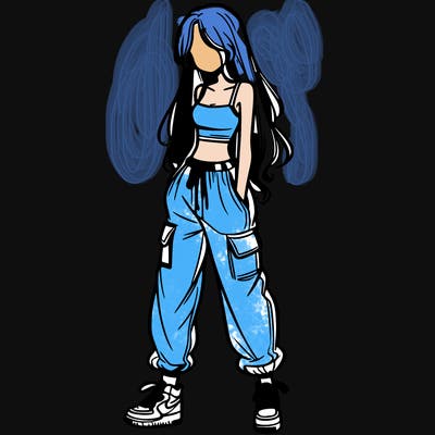 girl in baggy pants crop top and long hair