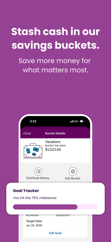Captura de tela do aplicativo móvel Ally mostrando um "bucket" de poupança para férias com um rastreador de meta de conclusão de 75%.