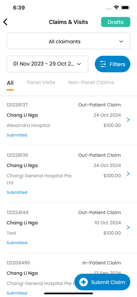 m-Plify - Interface do aplicativo m-Plify exibindo uma lista de sinistros médicos e visitas hospitalares enviados