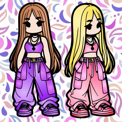 girl in baggy pants crop top and long hair