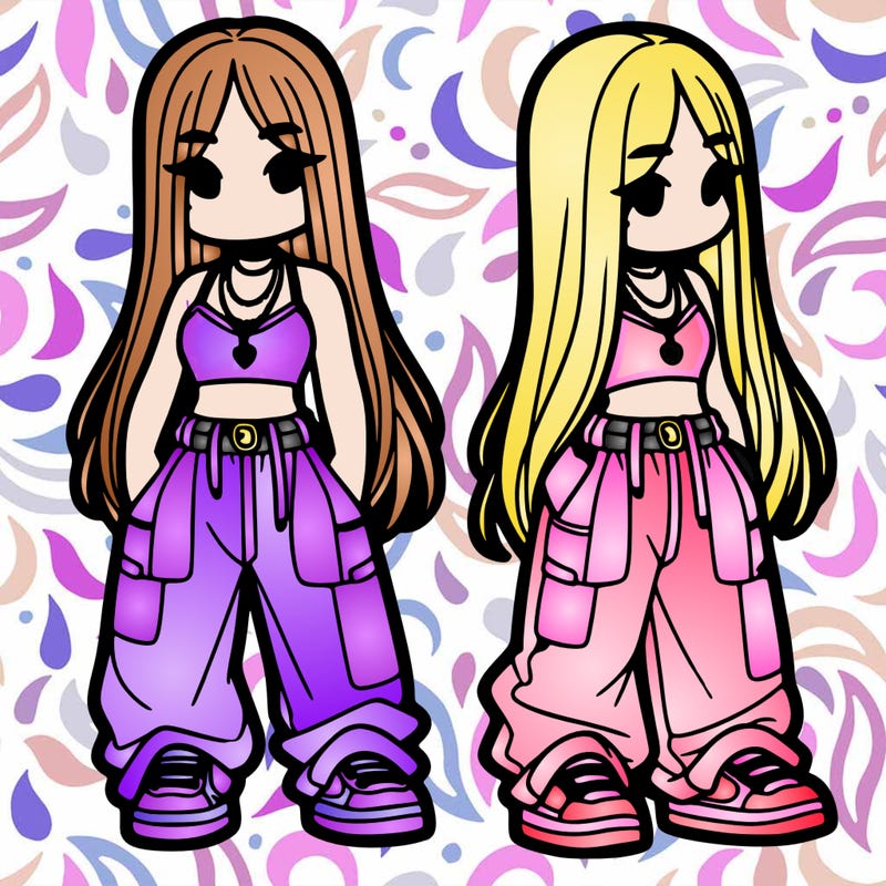 girl in baggy pants crop top and long hair