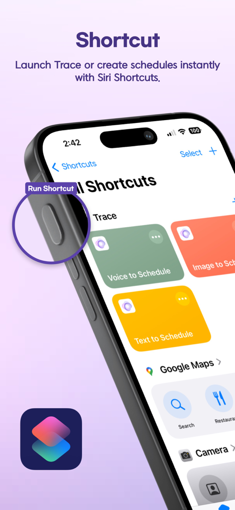 Intégration des raccourcis Siri dans l'application Trace AI Calendar montrant les options de planification par voix et par texte.