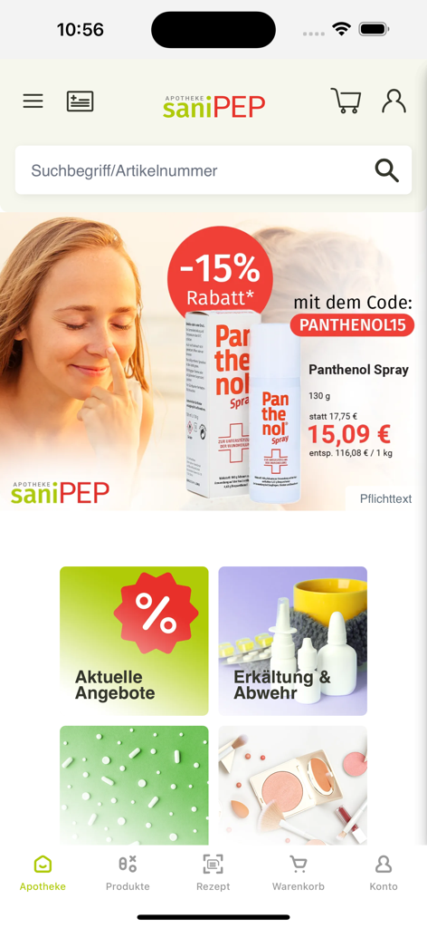 saniPEP Apotheke - Pantalla de inicio de la app saniPEP Apotheke con un descuento en spray de pantenol y categorías de productos de salud