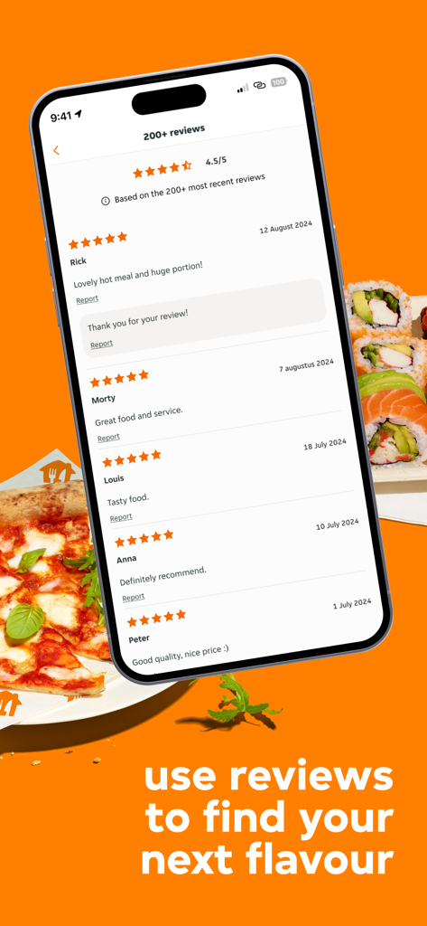 Bistro.sk mobile app screen displaying positive customer reviews and star ratings for food delivery