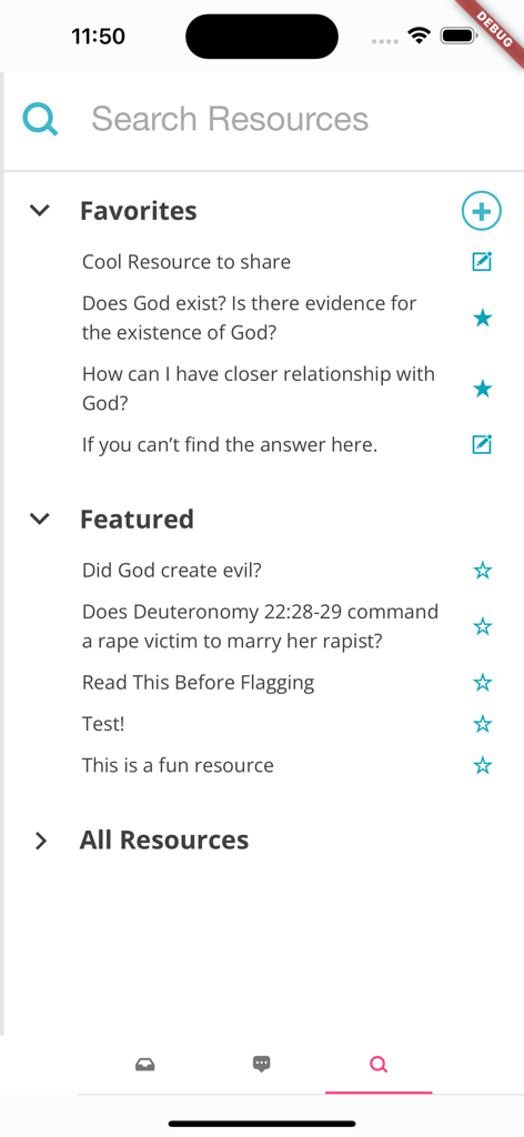 Echo Global - Echo Global app search interface showing religious resources and community FAQs