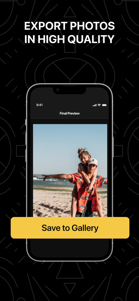 Frame Grabber App Screenshot, der eine hochwertige Fotovorschau mit einer Schaltfläche zum Speichern in der Galerie zeigt.