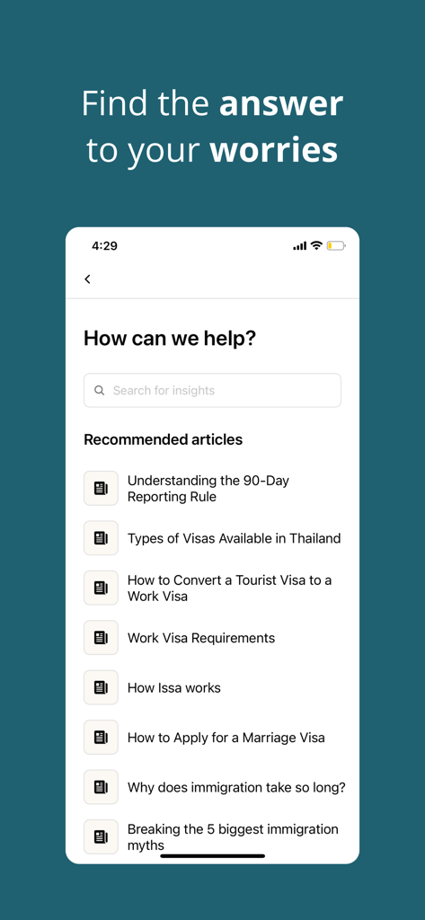 Screen of Issa Compass app showing a search bar and recommended articles for Thailand visa and immigration guidance.