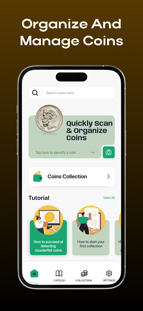 AI Coin Scanner & Identifier - AI Coin Scanner app home screen for organizing and managing collections