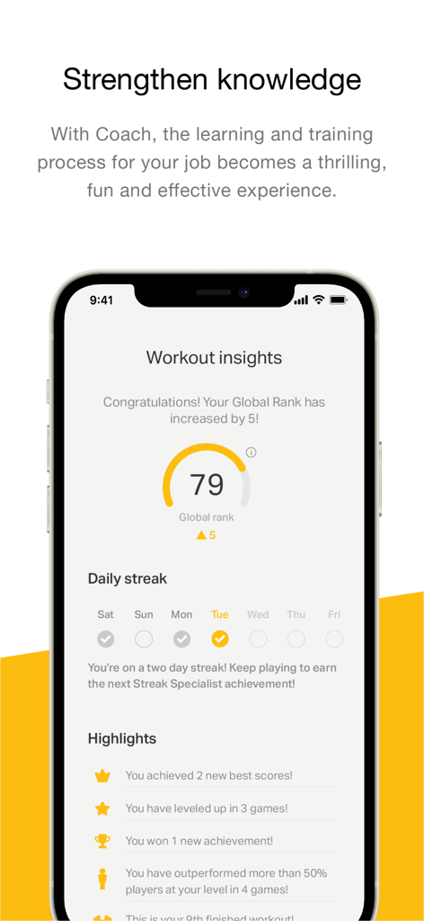 Coach: Efficient Microlearning - Schermata mobile che mostra i progressi di apprendimento professionale, inclusi il ranking globale, le serie giornaliere e i risultati personali.