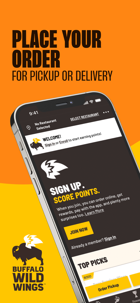 Buffalo Wild Wings - 料理の注文オプションとリワードプログラムの登録画面を表示するバッファロー・ワイルド・ウィングス・アプリのインターフェース