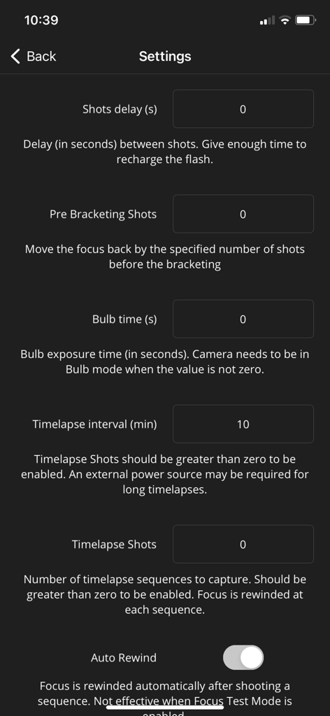 Alpha Focus Bracketing - The settings screen of the Alpha Focus Bracketing app showing options for shot delay, pre-bracketing shots, bulb time, and timelapse interval.