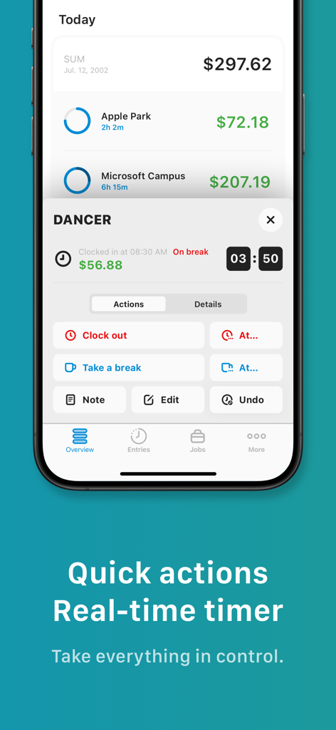 Tiny Hours Tracker, Time Clock - Oberfläche der Tiny Hours Tracker App zeigt einen Echtzeit-Auftrags-Timer und Schnellaktionsschaltflächen zum Einstempeln und für Pausen.