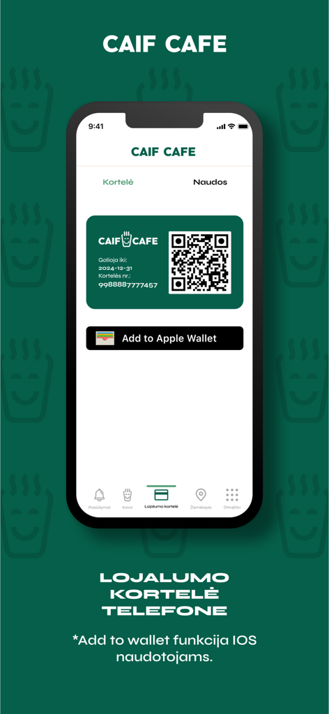 Caif Cafe - Caif Cafe mobile app displaying a digital loyalty card with a QR code and an option to add it to Apple Wallet