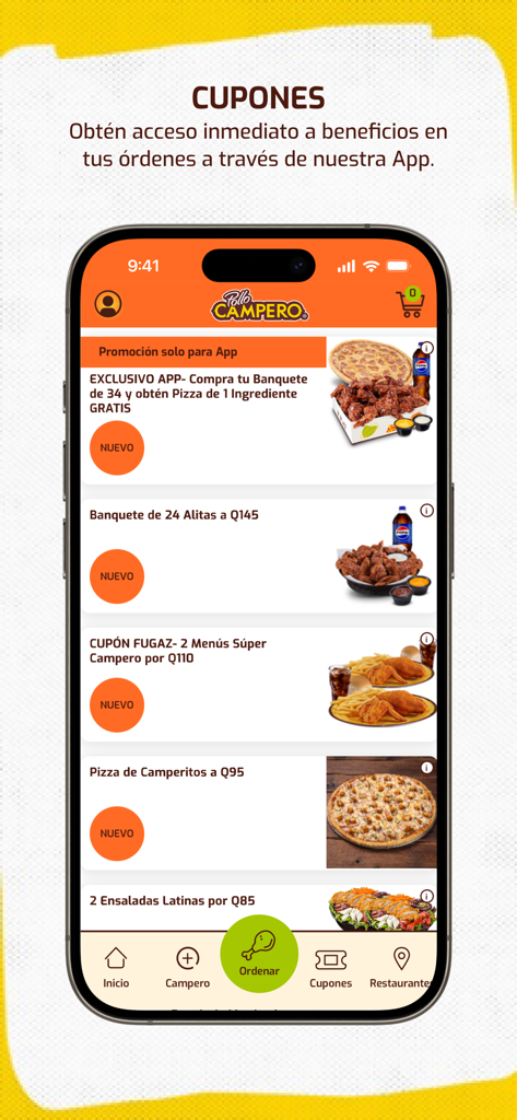 Pollo Campero Guatemala - Pollo Campero Guatemala app screen displaying various food coupons and special promotions for chicken and pizza.