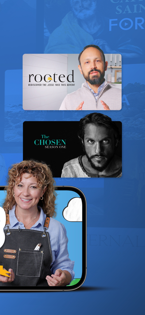 Mobile app display showing Catholic religious series and educational video programs