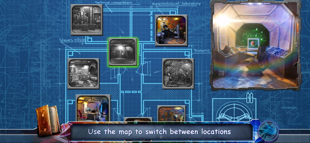 Space Legends: Full Adventure - A blueprint style map interface showing different rooms and locations on a spaceship