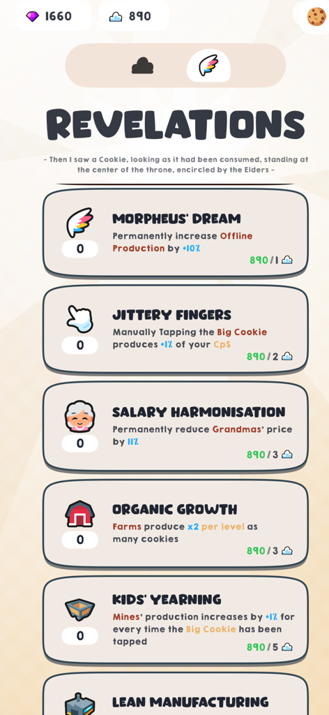 Cookie Empire: Idle Clicker - Menú de mejoras de Revelaciones en Cookie Empire Idle Clicker que muestra varios potenciadores de producción y lore del juego.