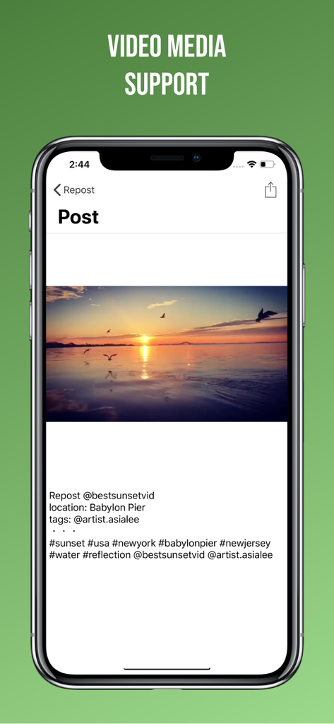 Screenshot dell'app Easy Repost per Instagram che mostra il supporto per media video per un post di tramonto
