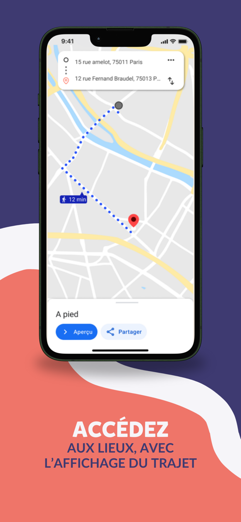 Soliguide - Soliguide mobile app interface displaying a walking route on a map between two locations in Paris