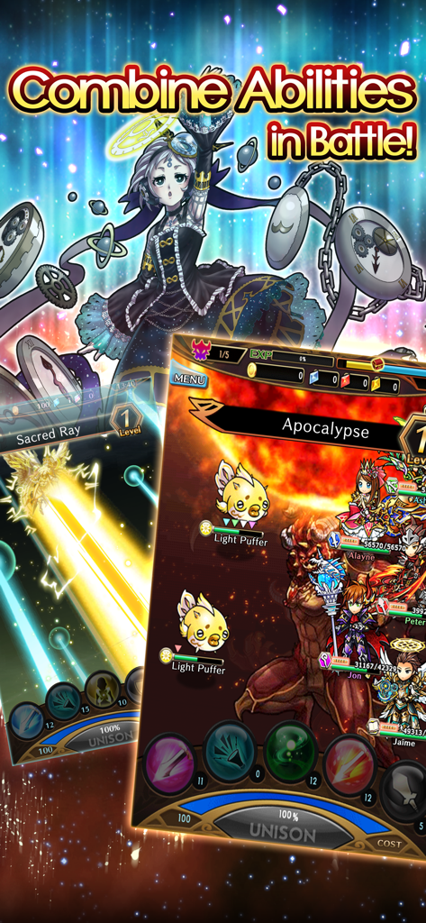 Unison League mobile game screenshot featuring anime characters and real-time battle abilities with a Unison attack gauge.