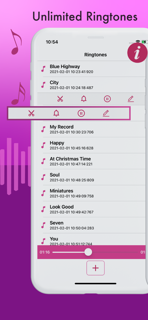 Ringtone Maker . - Pantalla de iPhone que muestra una lista de tonos de llamada personalizados creados con controles de edición y reproducción.