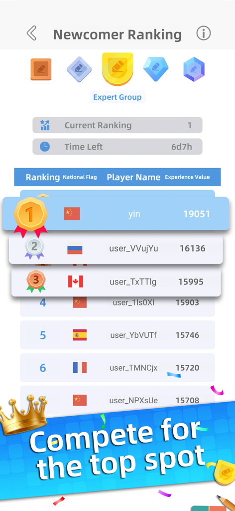 Sudoku - Aged Studio - Una tabla de clasificación de rangos de recién llegados en el juego de Sudoku que muestra nombres de jugadores, valores de experiencia y clasificaciones de competición global.
