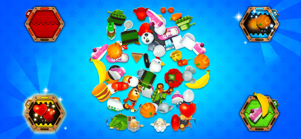 Mind Games for 2 3 4 Player - A local four player matching game with various colorful 3D objects on a blue background
