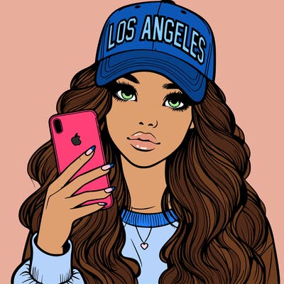realistic beautiful girl wearing los ángeles cap holding an iphone