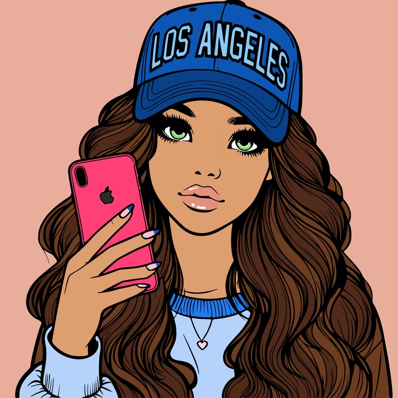realistic beautiful girl wearing los ángeles cap holding an iphone