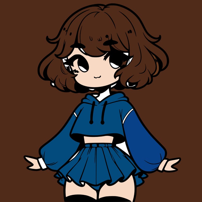 cute femboy with short, fluffy hair that softly frames their face, wearing a cropped hoodie, paired with a flouncy short skirt, and thigh-high stockings