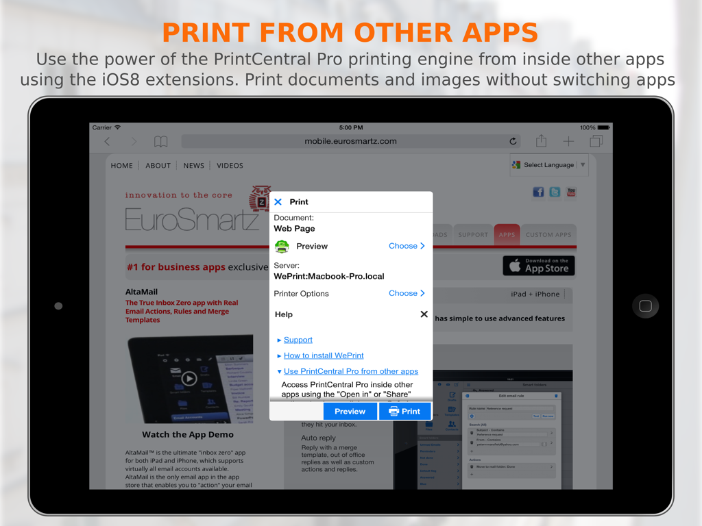 PrintCentral Pro - iPad showing PrintCentral Pro print dialog box over a web browser page for easy document printing
