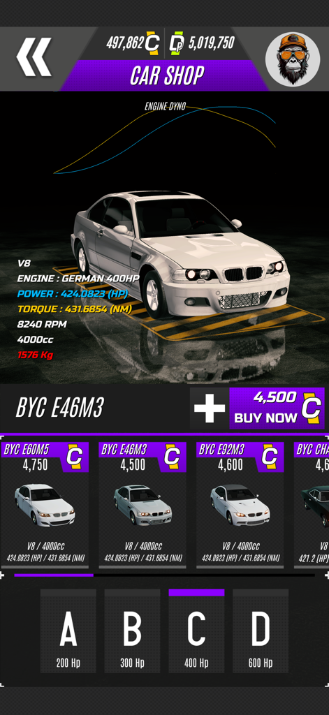 Menu da loja de carros no Project DRAG Online com um carro esportivo branco apresentando estatísticas detalhadas de performance do motor e gráfico de dinamômetro