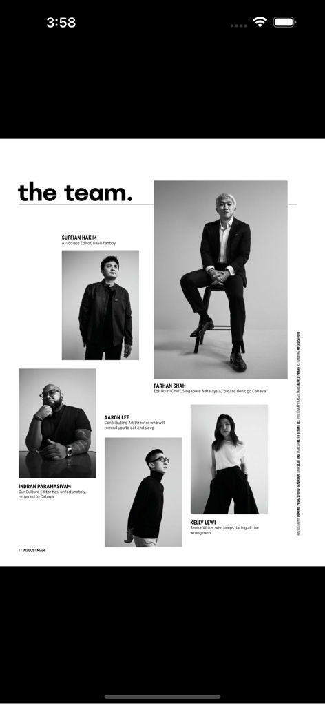 August Man SG - 직원들의 초상화가 등장하는 August Man SG 잡지의 흑백 편집팀 페이지