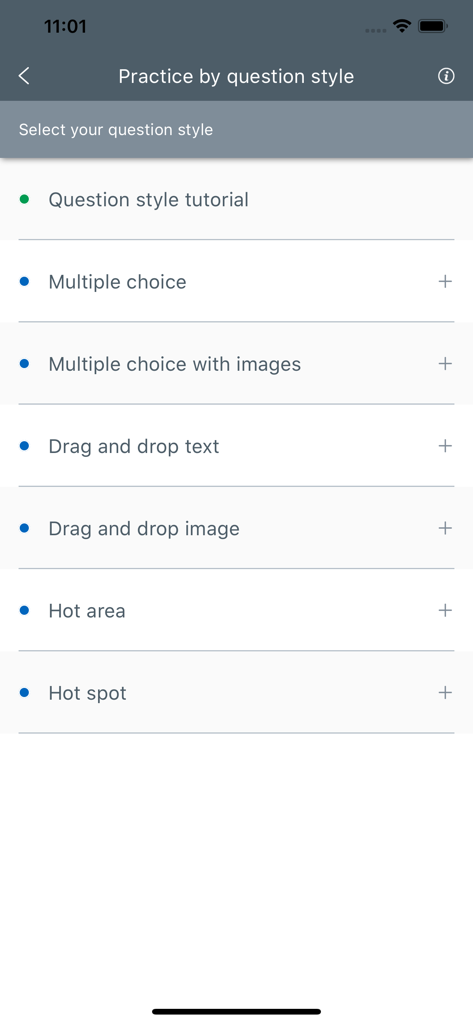 Interface of the CITB HS&E test app showing various practice question styles like multiple choice and drag and drop